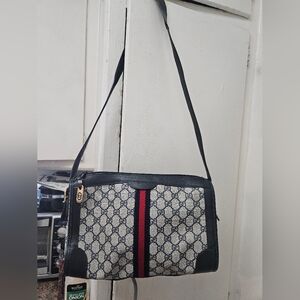 Gucci navy blue red stripe GG logo crossbody shoulder canvas bag